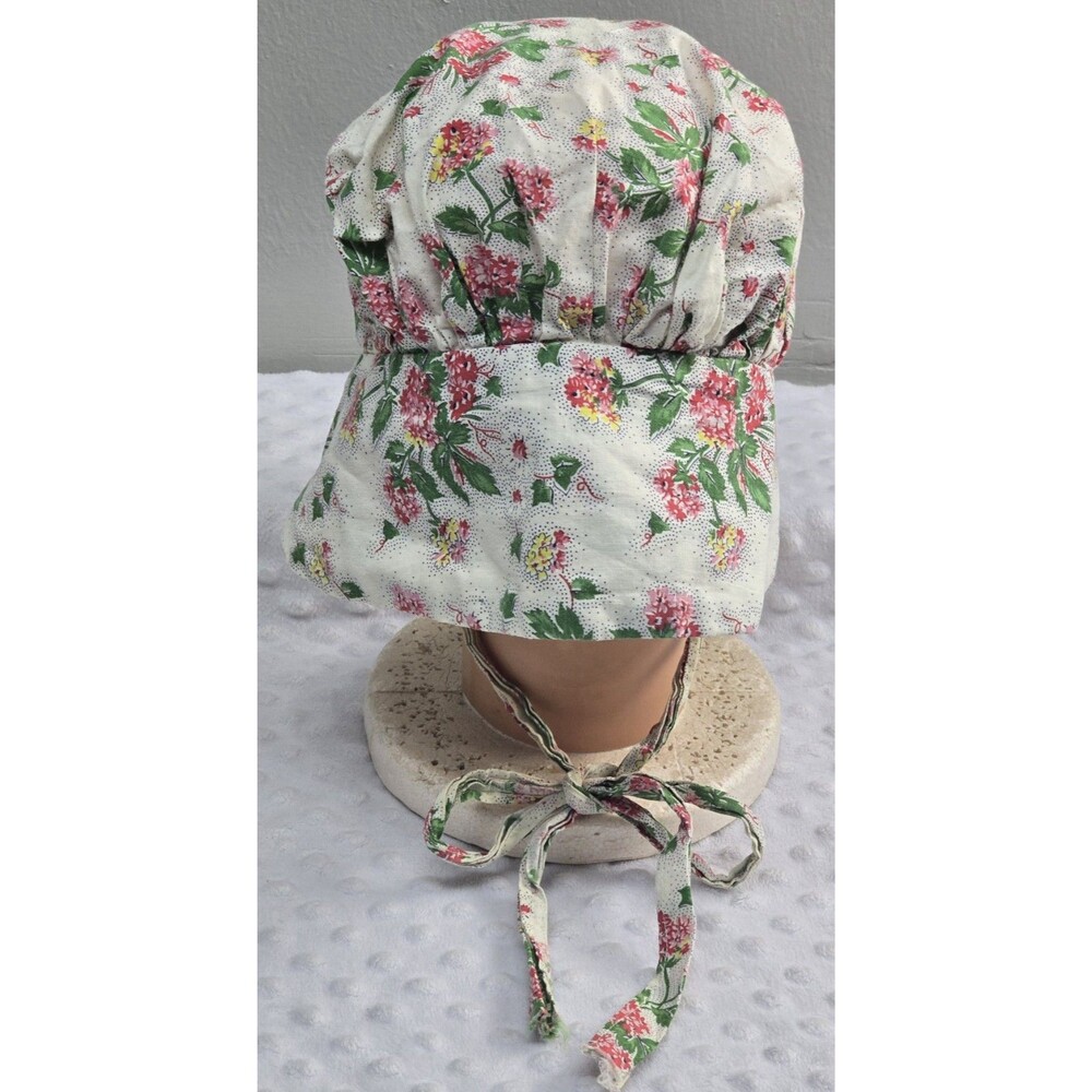 Vintage Floral Prairie Bonnet Pioneer Hat Cream Pink Green Yellow Chin Strap Tie